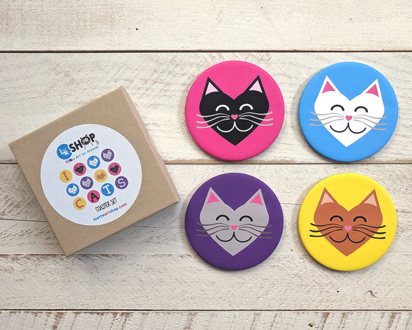 "I 💜 Love 💜 Cats" Colorful Heart Cats Round Coaster Set