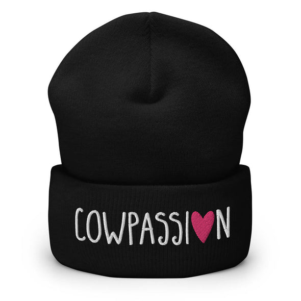 "Live with Cowpassion" Cuffed Beanie Vegan Cow Hat