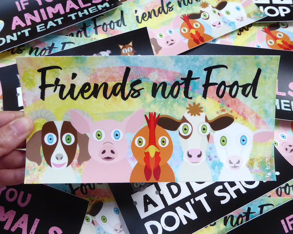 "Friends Not Food" Cute Animals Vegan Vinyl Bumper Sticker