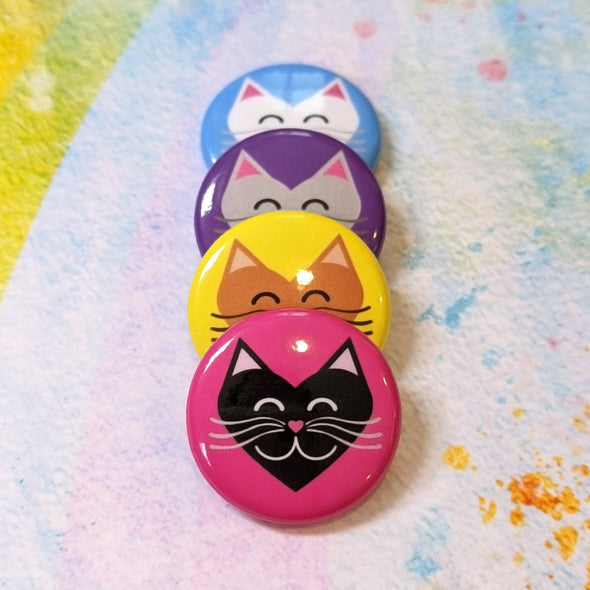 "I 💜 Love 💜 Cats"  1” Round Pinback Button 4 Pack