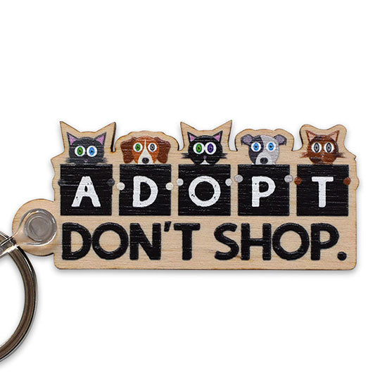 "Adopt, Don't Shop." Printed Wood Cats and Dogs Keychain