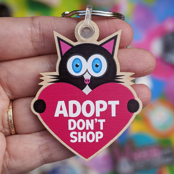 "Adopt, Don't Shop." (cat with heart) Printed Wood Black Cat Keychain