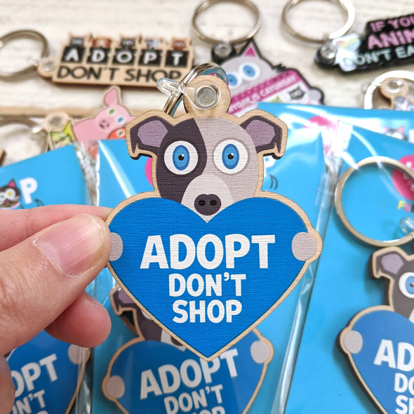 "Adopt, Don't Shop." (dog with heart) Printed Wood Pitbull Keychain