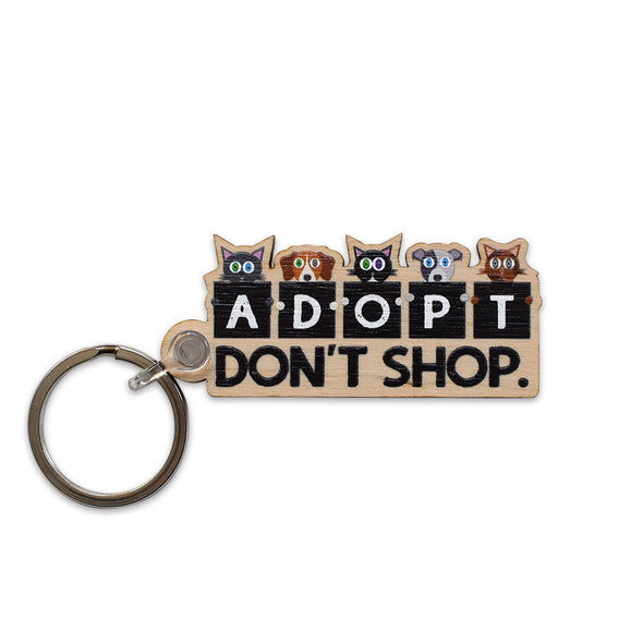 "Adopt, Don't Shop." Printed Wood Cats and Dogs Keychain