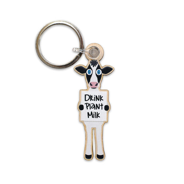 "Drink Plant Milk" Printed Wood Vegan Cow Keychain