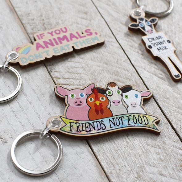 "Friends Not Food" Printed Wood Vegan Animals Keychain