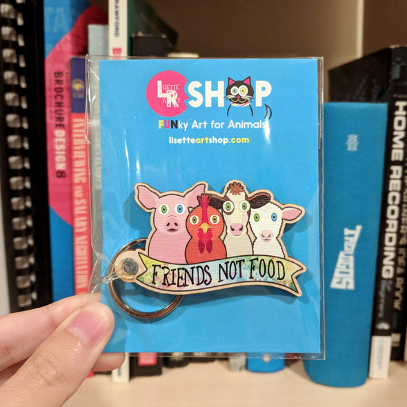 "Friends Not Food" Printed Wood Vegan Animals Keychain