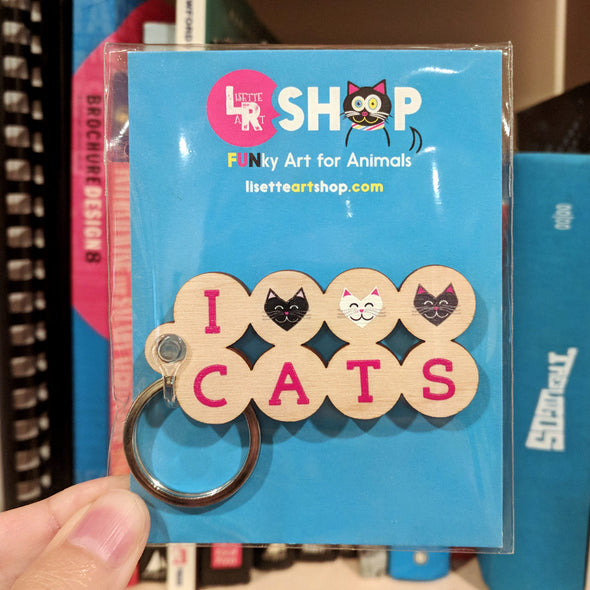 "I 💜 Love 💜 Cats" Printed Wood Keychain