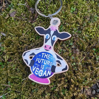 "The Future is Vegan" Whimsical Cow with Crystal Ball Printed Wood Keychain