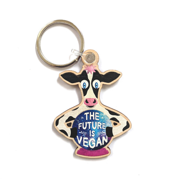 "The Future is Vegan" Whimsical Cow with Crystal Ball Printed Wood Keychain