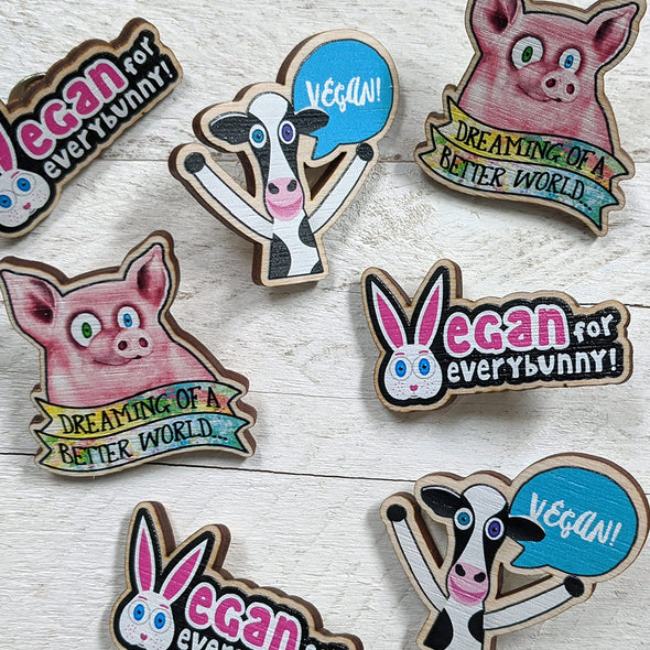 Dreaming of a Better World "Happy Pig" Printed Wood Vegan Pin