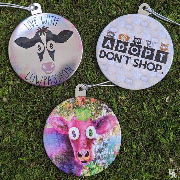 "Adopt, Don't Shop." Cat & Dog Metal Button Holiday Ornament