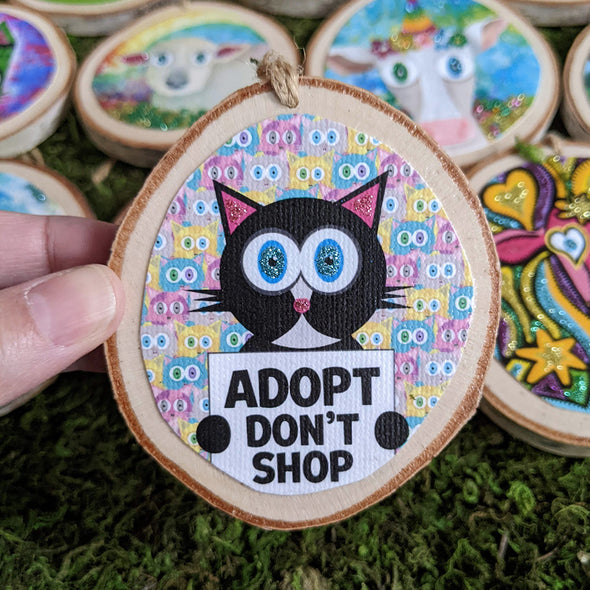 "Adopt, Don't Shop" Whimsical Wood Glitter Cat Ornaments - Funky Cats, Kitty Holiday Ornaments