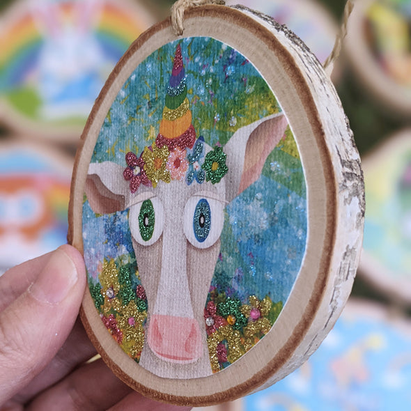 "Magical Cowicorn" Animal Ornament - Cow Wood Holiday Ornaments