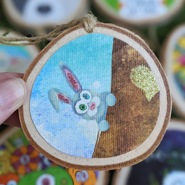 Forest Bunny Animal Ornament - Whimsical Glitter Wood Holiday Ornaments