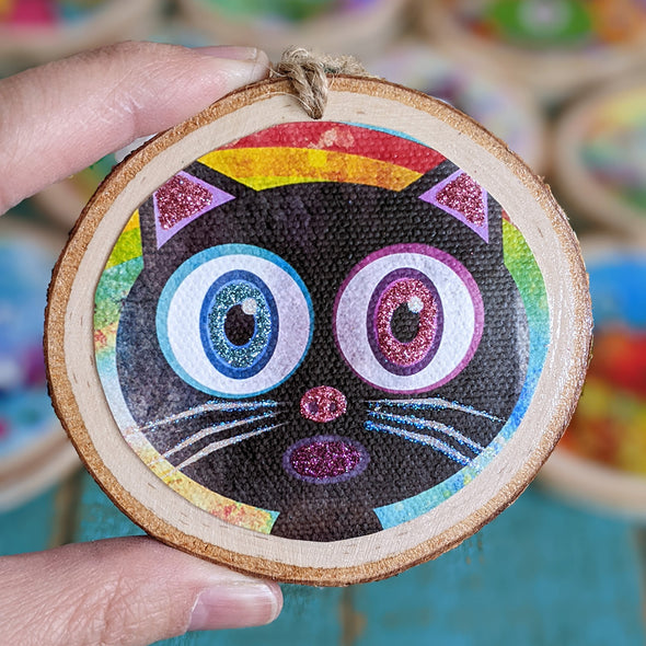 "Some Meow Over the Rainbow" Cat Ornament - Glitter Wood Holiday Ornaments