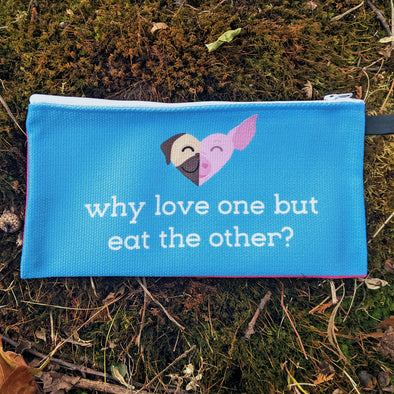 "Why Love One but Eat the Other?" Pug & Pig, Cat & Cow - Small Zipper Pouch - Animal Pencil Case - Vegan Makeup Bag