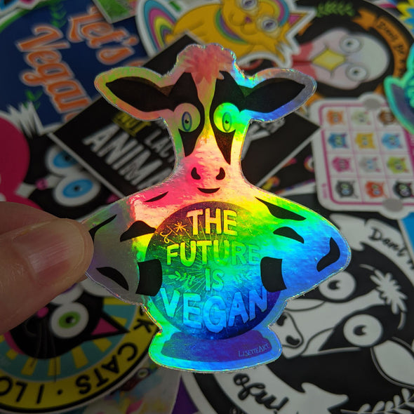 "The Future is Vegan" Cow Holographic Vinyl Sticker