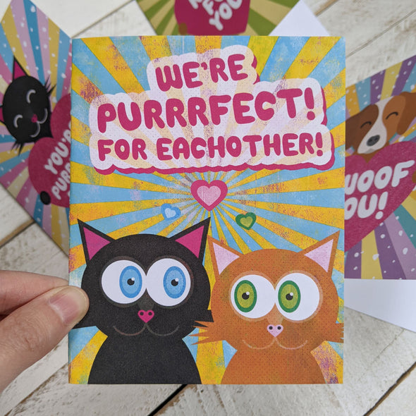 "We're Purrrfect For Eachother!" Cat Love Valentine's Day Card, Recycled Anniversary Card