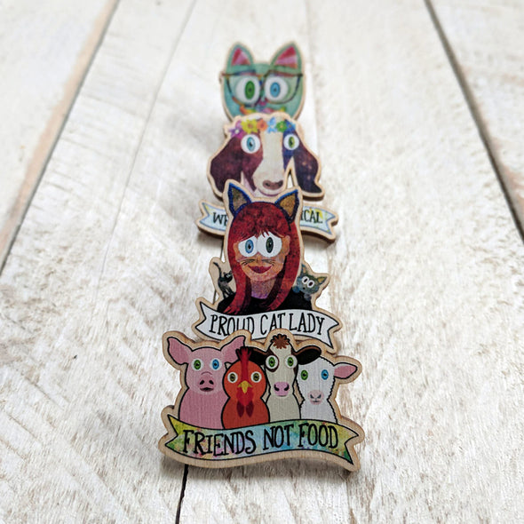 "Friends Not Food" Printed Wood Vegan Animals Pin