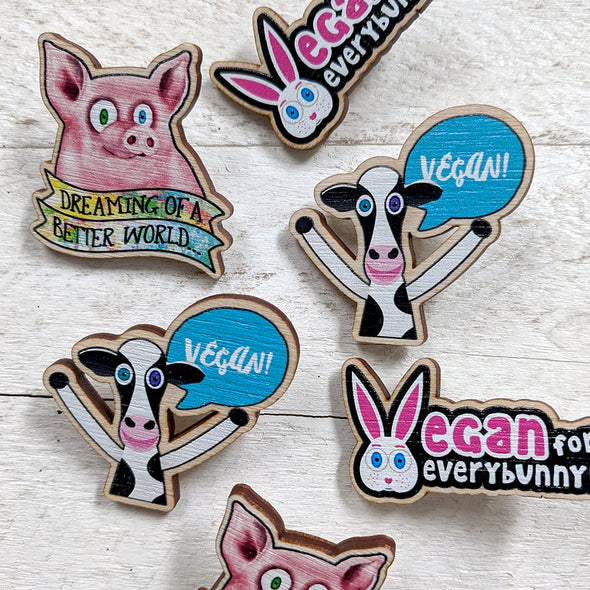 "Vegan Cow" Printed Wood Happy Vegan Cheer Pin