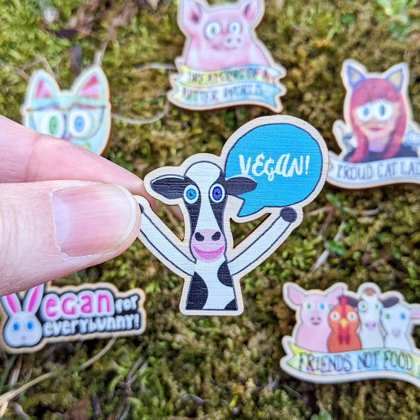 "Vegan Cow" Printed Wood Happy Vegan Cheer Pin