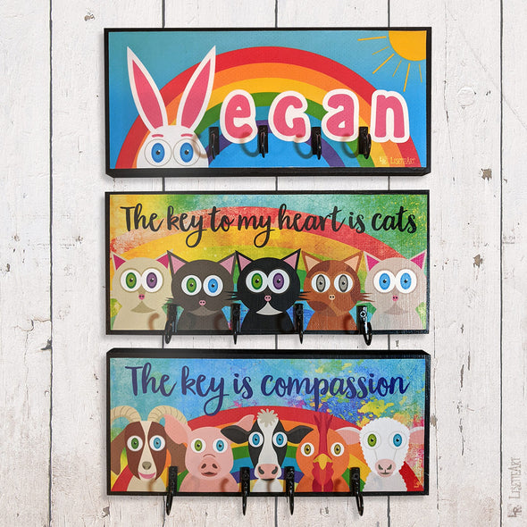 "The key is compassion" Whimsical Vegan Animals Key Holder
