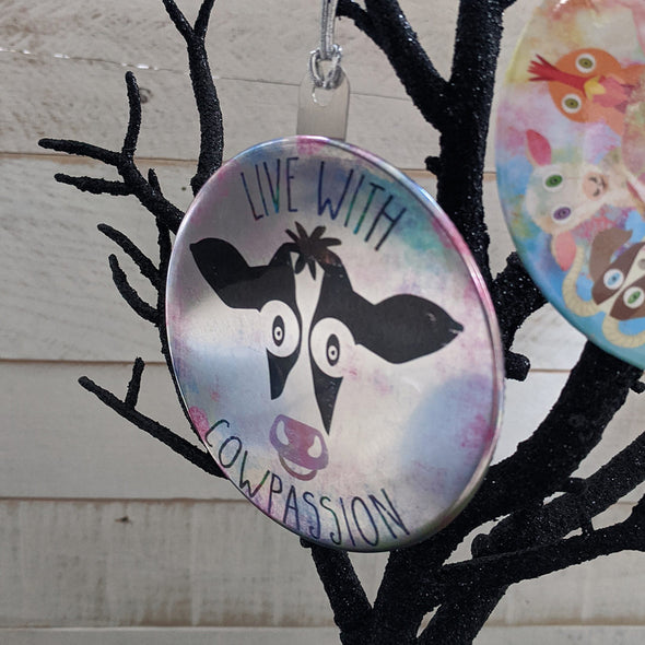 "Live with Cowpassion" Vegan Metal Button Holiday Ornament