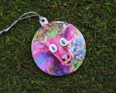 "Pink Cow Vintage Pop" Metal Button Holiday Ornament
