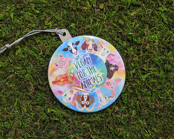 "Vegan for the Animals" Metal Button Holiday Ornament