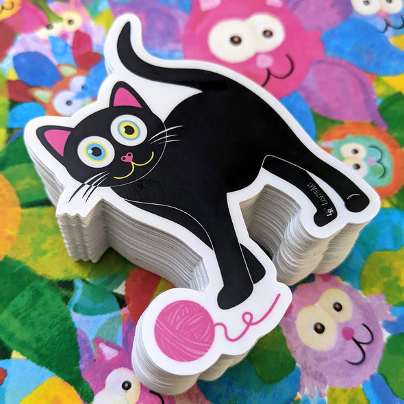 "CMYKitty with Yarn" Black Cat Die Cut Vinyl Sticker