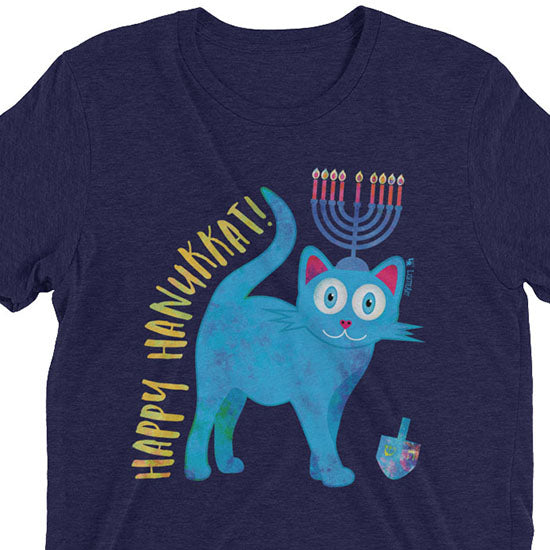 "Happy Hanukkat!" Hanukitty Cat Unisex Tri-blend Hanukkah T-Shirt