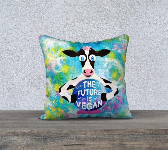 "The Future is Vegan" Cow with Crystal Ball Premium Throw Pillow Cover