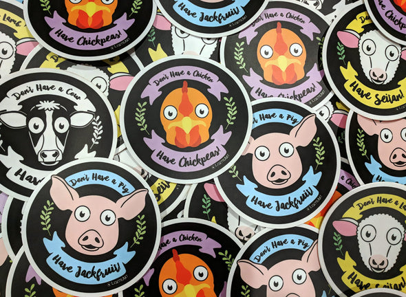 "Don't Have a Cow, Lamb, Pig, Chicken. Have Vegan Food!" Vinyl Bumper Sticker Set