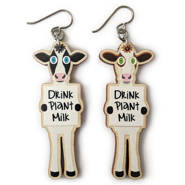 "Drink Plant Milk" Vegan Cow Printed Wood Charm Earrings
