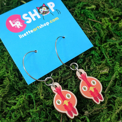 Cute Chicken Friend - Printed Wood Charm Vegan Hoop Earrings