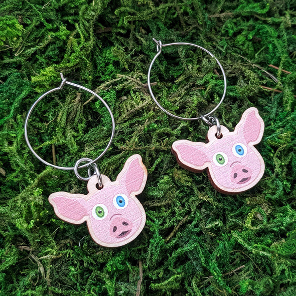 Cute Pig Friend - Printed Wood Charm Vegan Hoop Earrings