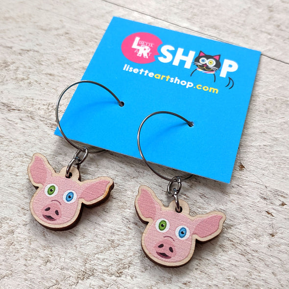 Cute Pig Friend - Printed Wood Charm Vegan Hoop Earrings