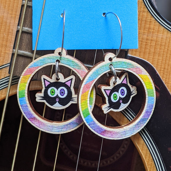 Cute Black Cats in Rainbow Hoops - Printed Wood Charm Earrings