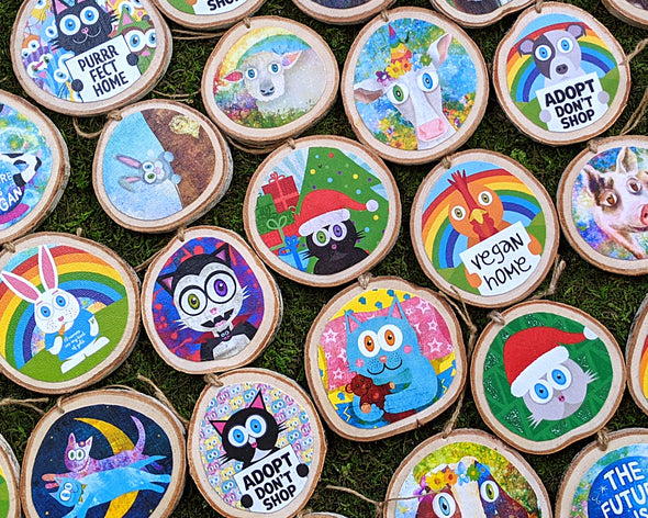 "Adopt, Don't Shop" Whimsical Wood Dog Ornaments - Funky Dogs Holiday Ornaments