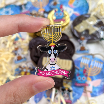 "Mr. Moonorah" Recycled Acrylic Hanukkah Cow Pin