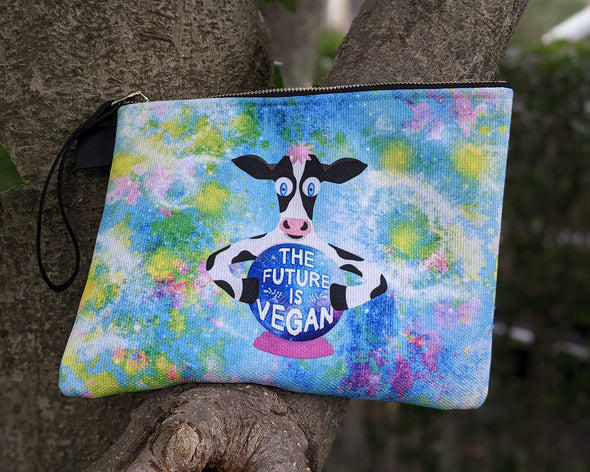 "The Future is Vegan" Large Zipper Pouch - Cow with Crystal Ball Vegan Clutch