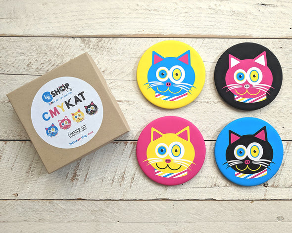 "CMYKat" 4 Color Cats Round Coaster Set