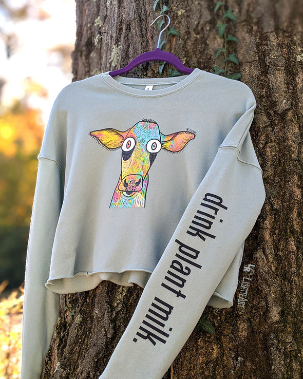 "Drink Plant Milk - Cow" Vegan Cropped Lightweight Fleece Sweatshirt