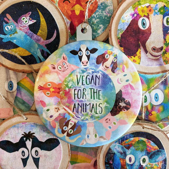 "Vegan for the Animals" Metal Button Holiday Ornament