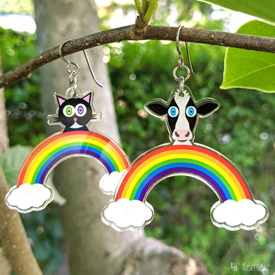 "Rainbow Friends - Cat & Cow" Printed Mismatch Recycled Acrylic Charm Earrings