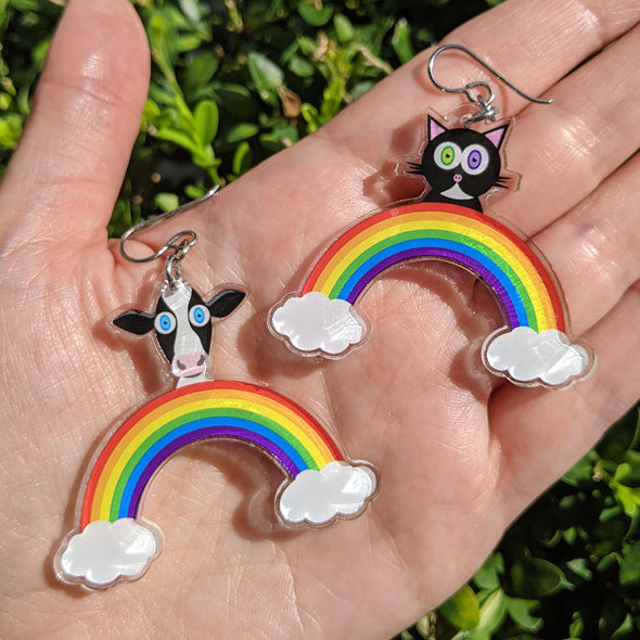 "Rainbow Friends - Cat & Cow" Printed Mismatch Recycled Acrylic Charm Earrings
