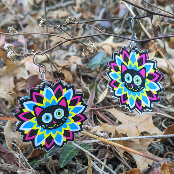 "CMYKitty Flower" Printed Recycled Acrylic Cat Charm Earrings