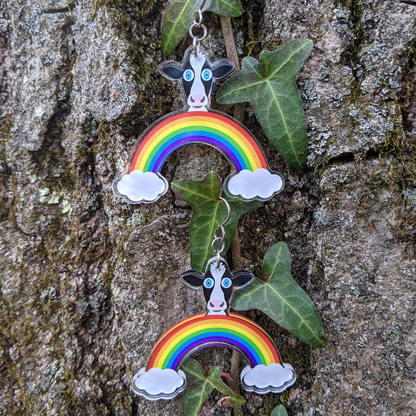 "Rainbow Friends - Cow" Printed Recycled Acrylic Charm Earrings