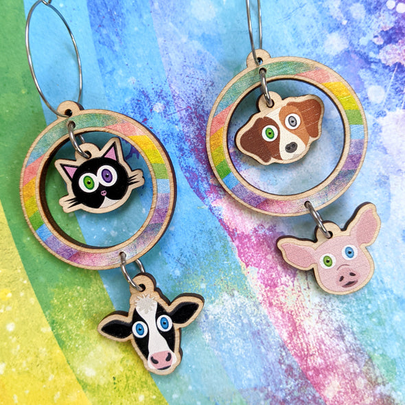 "Why love one but eat the other?" Vegan Cat Cow, Dog Pig Printed Wood Charm Earrings